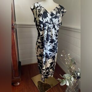 Lauren Ralph Lauren Women's Size 14 Floral Ruched Faux Wrap Dress Black/White